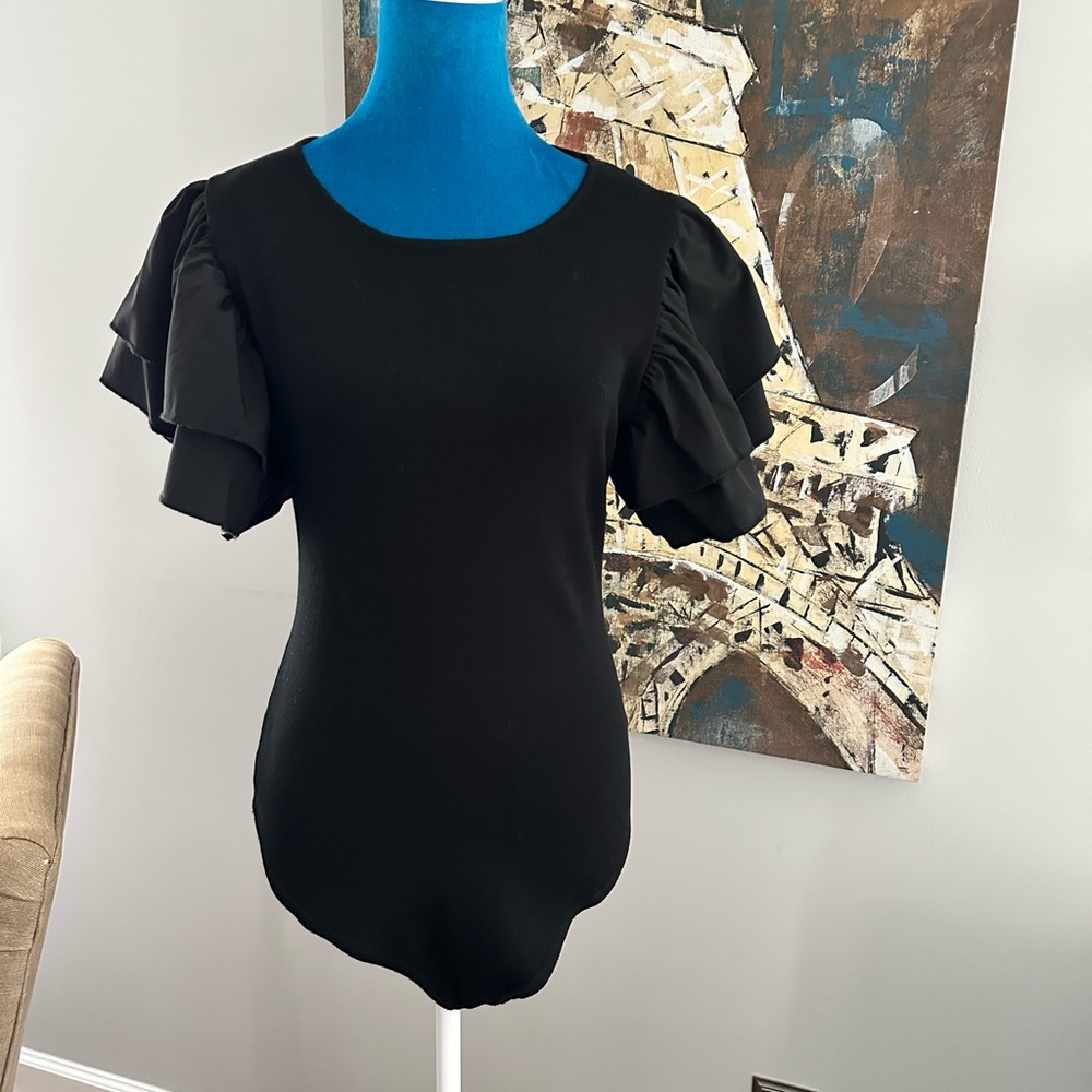 Elegant Black Ruffle Sleeve Bodysuit